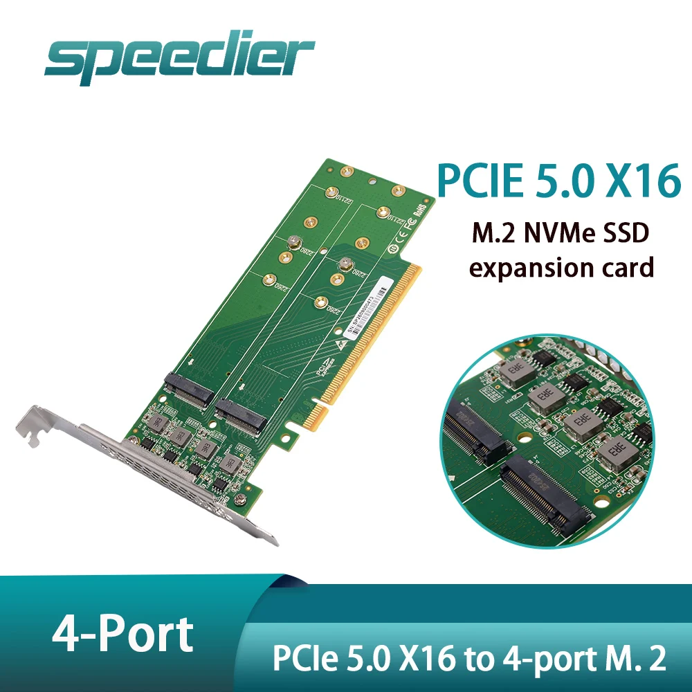 ADT-Link PCIe 5.0 X16 To 4 Port Quad 4X M.2 NVMe SSD Adapter Card Support 22110 / 4* M.2 M-key Connector for PCIe Gen5 Gen4 Gen3