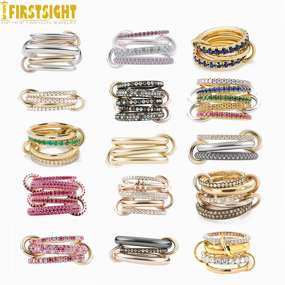 New Iced Out Multi Color Link Chain Connect Band Finger Ring Muses 4 Link  Zircon Rings For Women Fashion Jewelry