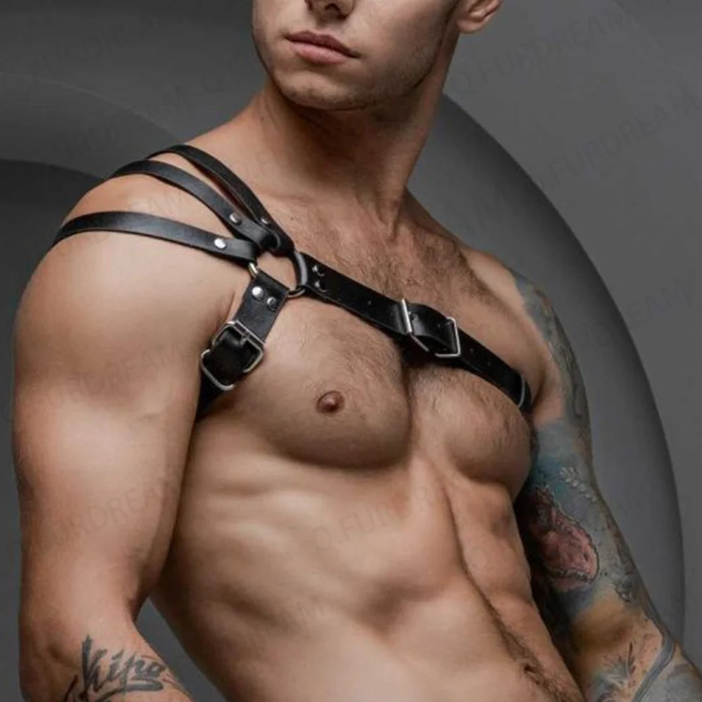 One Shoulder Leather Men\'s Chest Harness Gay Men Bondage Upper Sexy Erotic Fetish Lingerie Body Club Rave Straps Crop