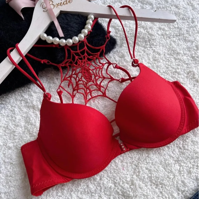 

Fashionable Back Steel Ring Spicy Girl Hanging Neck Front Button Spider Web Exposed Back Crossed Thin Straps Gathered Bra