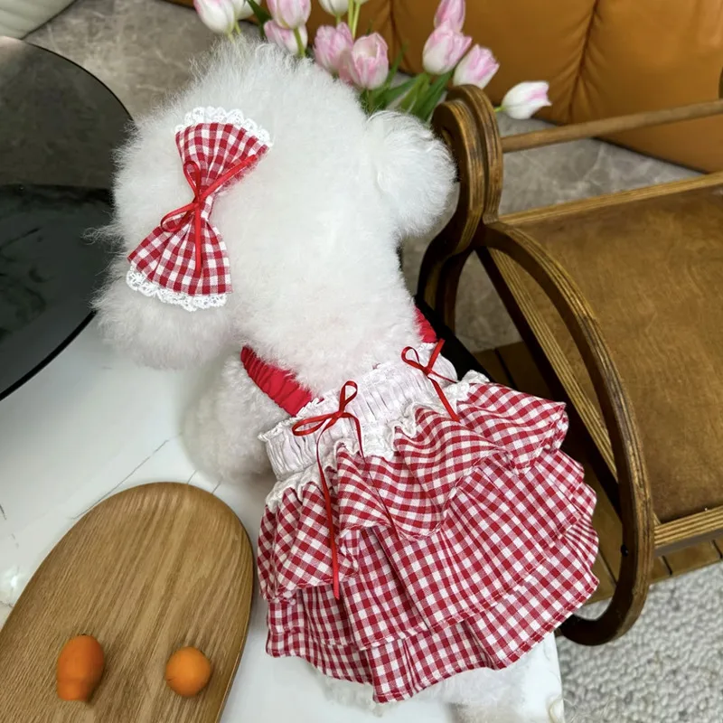 

Red Dresses Pomeranian Red Checkered Strap Pet Summer Clothes Thin Yorkshire Dress Female Dog Sweet Clothes Pet Presents