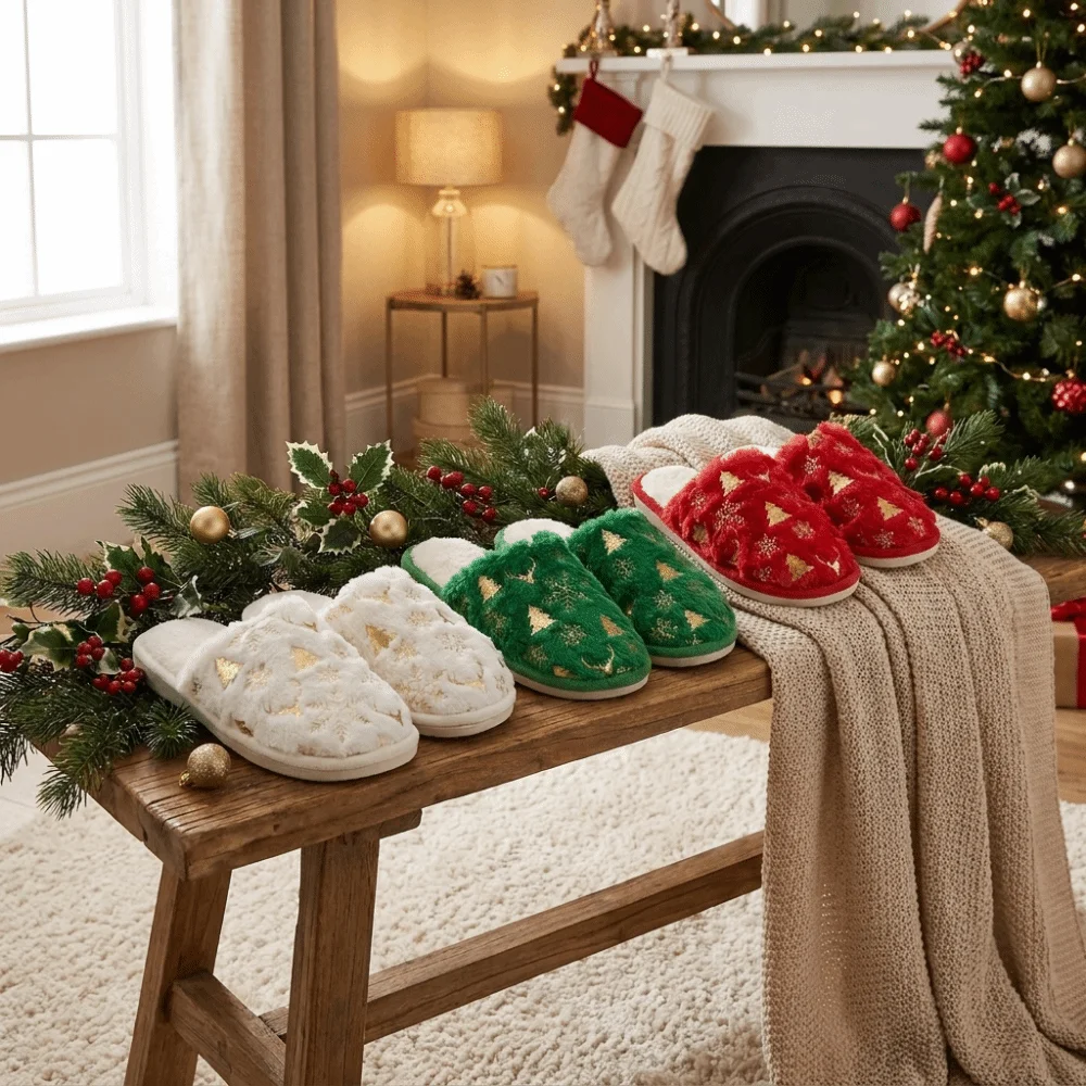 Non-Slip Round Toe Slippers Soft Elk Xmas Tree Print Christmas House Slippers Golden Snowflake Warm Couple Slippers Holiday