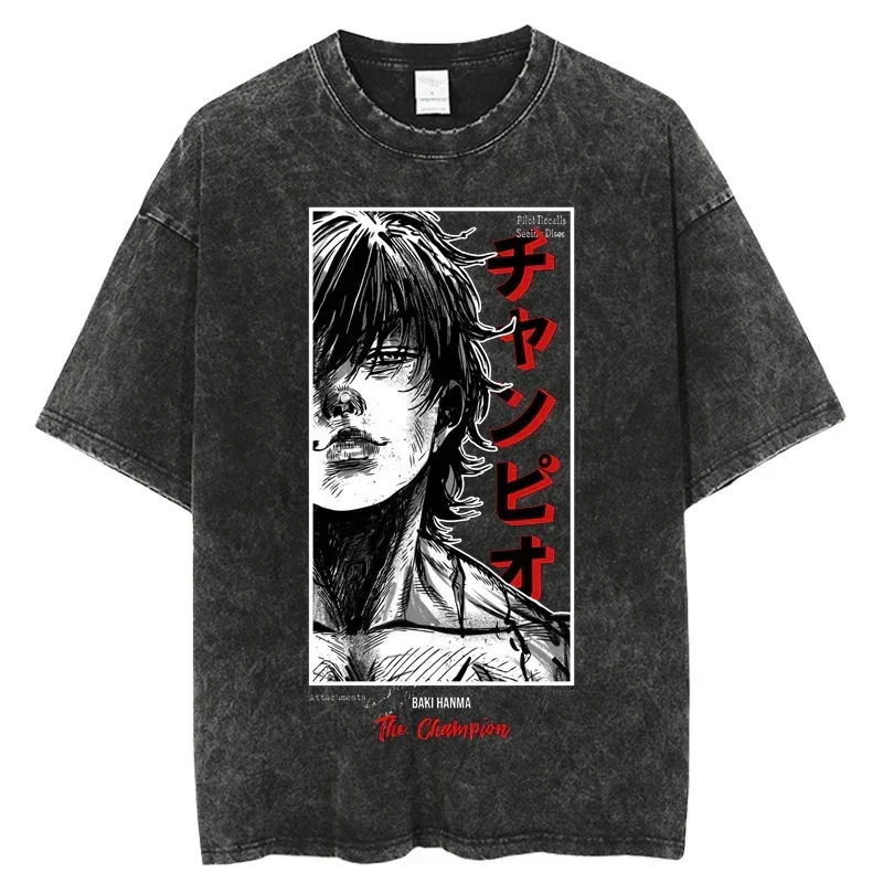 

Anime grappling Baki Hanma T-shirt suitable for both men and women Harajuku street wear fashionable washed T-shirt