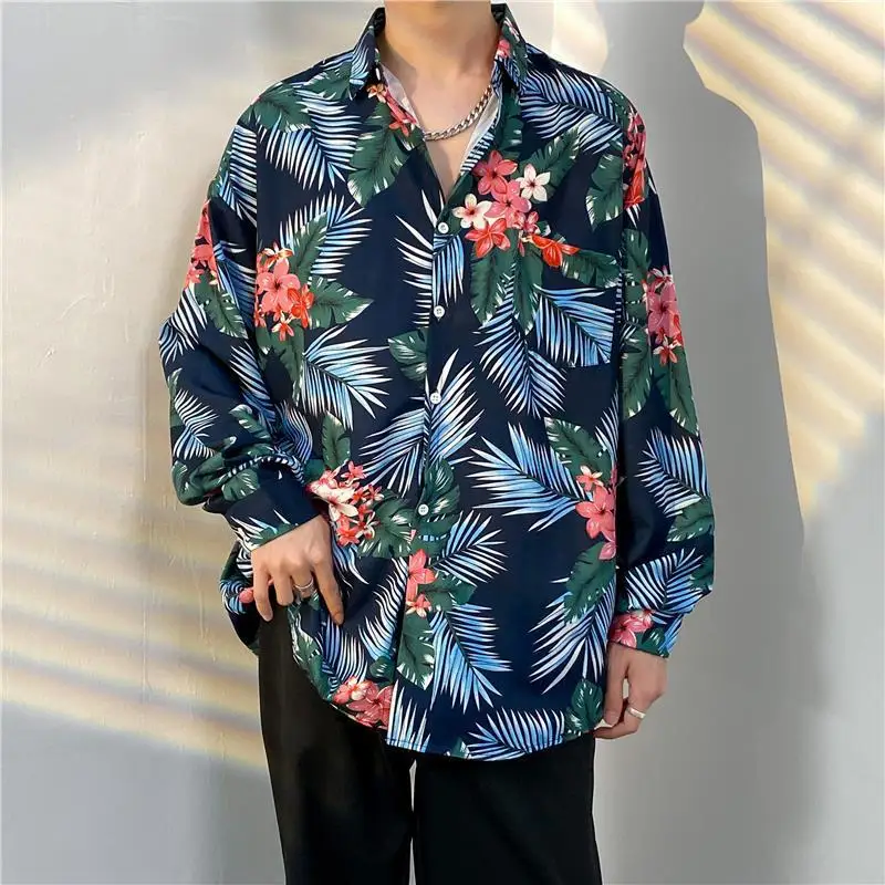 Vintage Streetwear Long Sleeved Floral Shirt Men Spring All-match Loose Floral Shirt Hip Hop Lapel Collar Multicolor Casual Tops