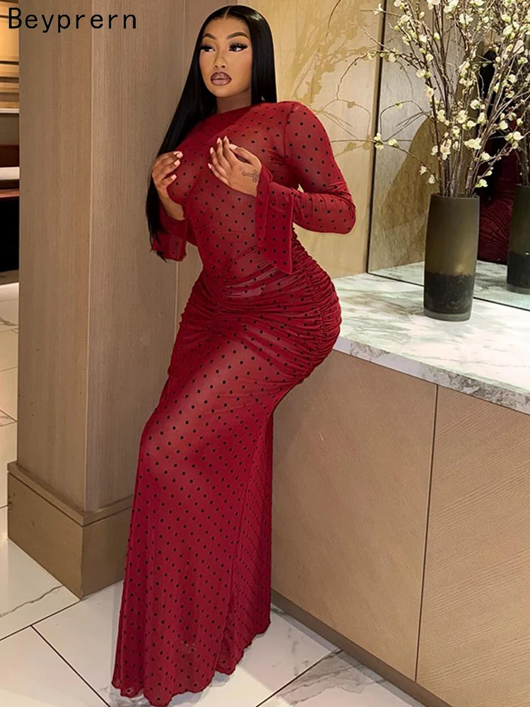 Beyprern Women's Red Polka Dot Sheer Mesh Ruched Maxi Dress Sexy Print Flare Sleeves Bodycon Evening Clubwear Gown