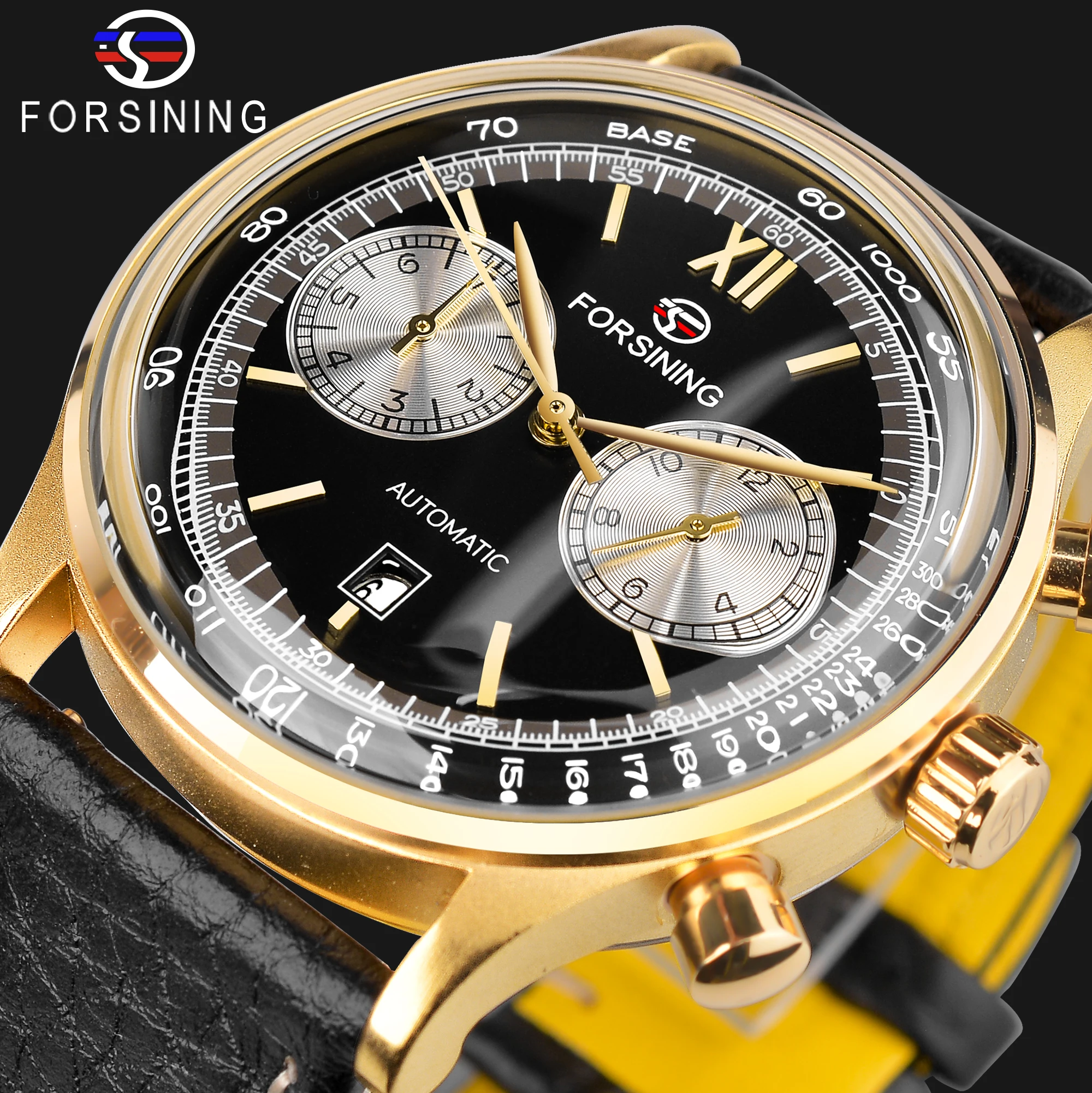 

Forsining 2022 Classic Golden Concave Glass Calendar Two Dial Display Fashion ShangHai Movement Mens Mechanical Automatic Watch