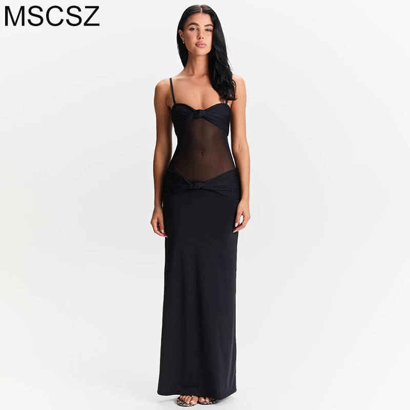 

MSCSZ Spaghetti Strap Sexy Maxi Dress Women Black Sheer Mesh Beach Party Dress Strapless Ruched Slip Long Summer Dress 2025