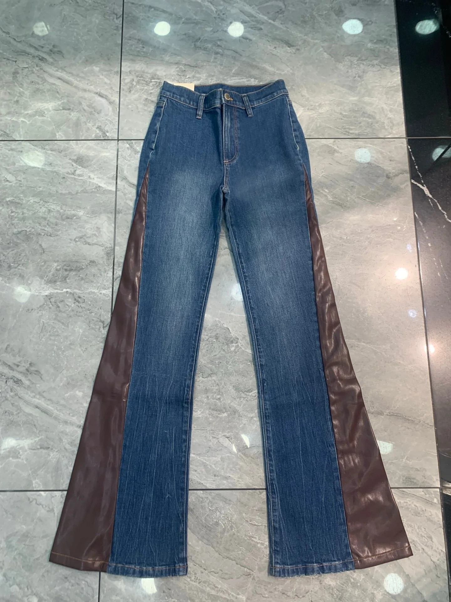 Ladies Color Patchwork Flared Trousers 2026 New Cotton Blend High Waist Fashion Denim Pants