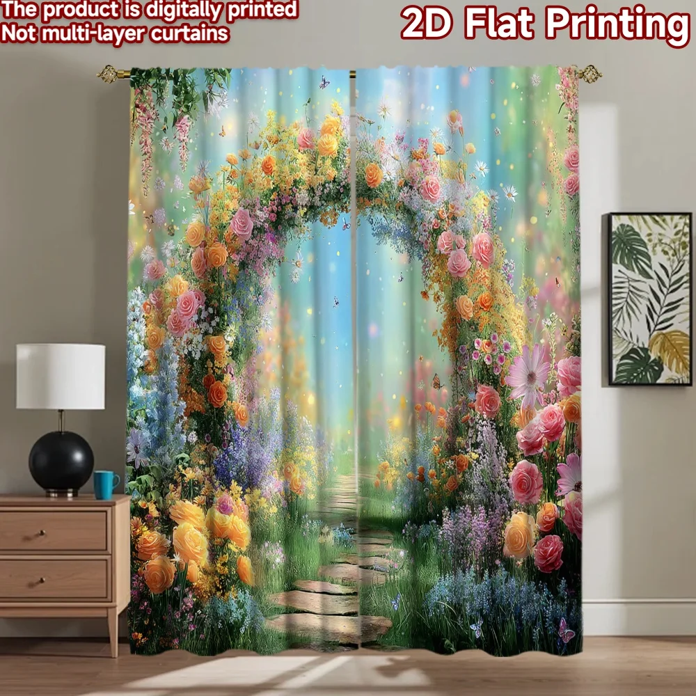 

2D flat printing 2pcs Curtain Enchanted Garden Arch Flowers Butterflies Digital Printed Polyester Drapes Family Party for Indoor