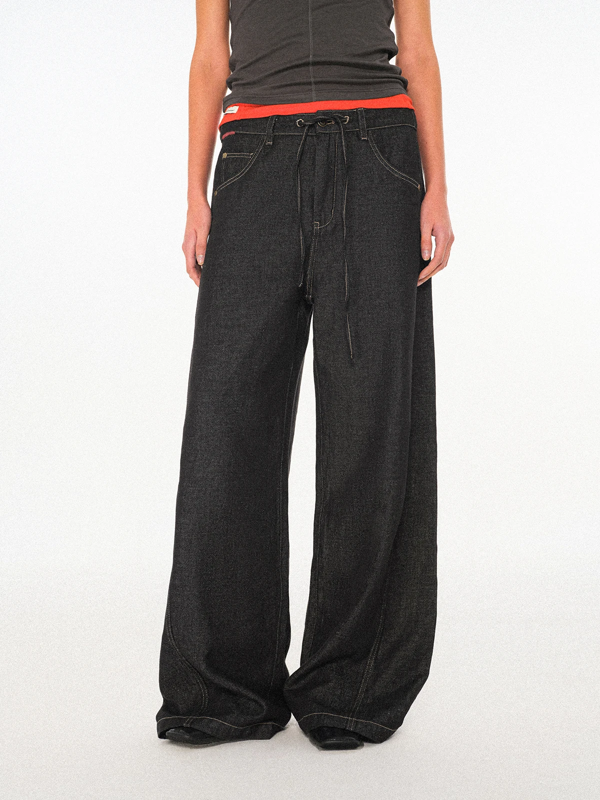 

Elegant Vintage Drawstring Wide Leg Jeans Long Pants Cotton Blend Comfortable Spring Season Ladies Fashion Casual Trousers