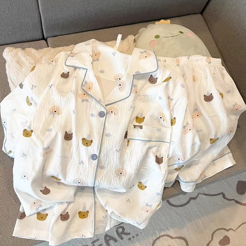 2 PCS Women Pajama Sleepwear Casual Pajama Set Short-Sleeved Shorts Suit Dog and Cat Print Soft Comfort Home Leisure Clothes