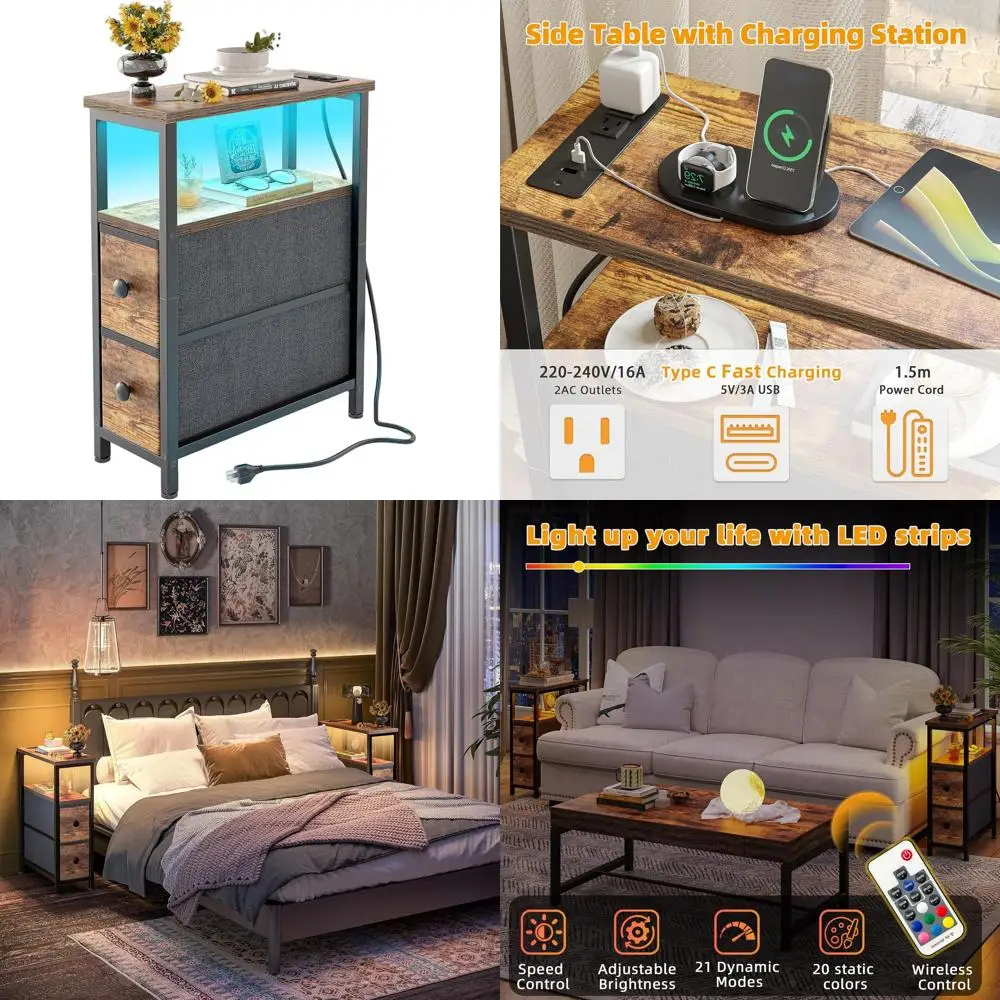 

End Table with Charging Station, Narrow Side Table with 2 Fabric Drawers, Nightstand with LED Light, Slim Bedside Table for Bedr