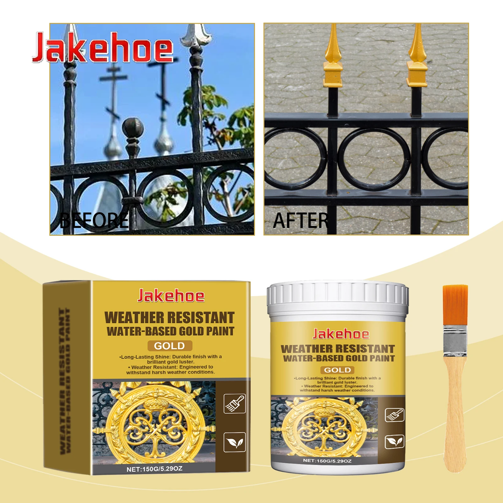 Jakehoe Weather Resistant Water Based Gold Leaf Paint Gloss Metallic Finish for Exterior Decor for Railings Outdoor Furniture