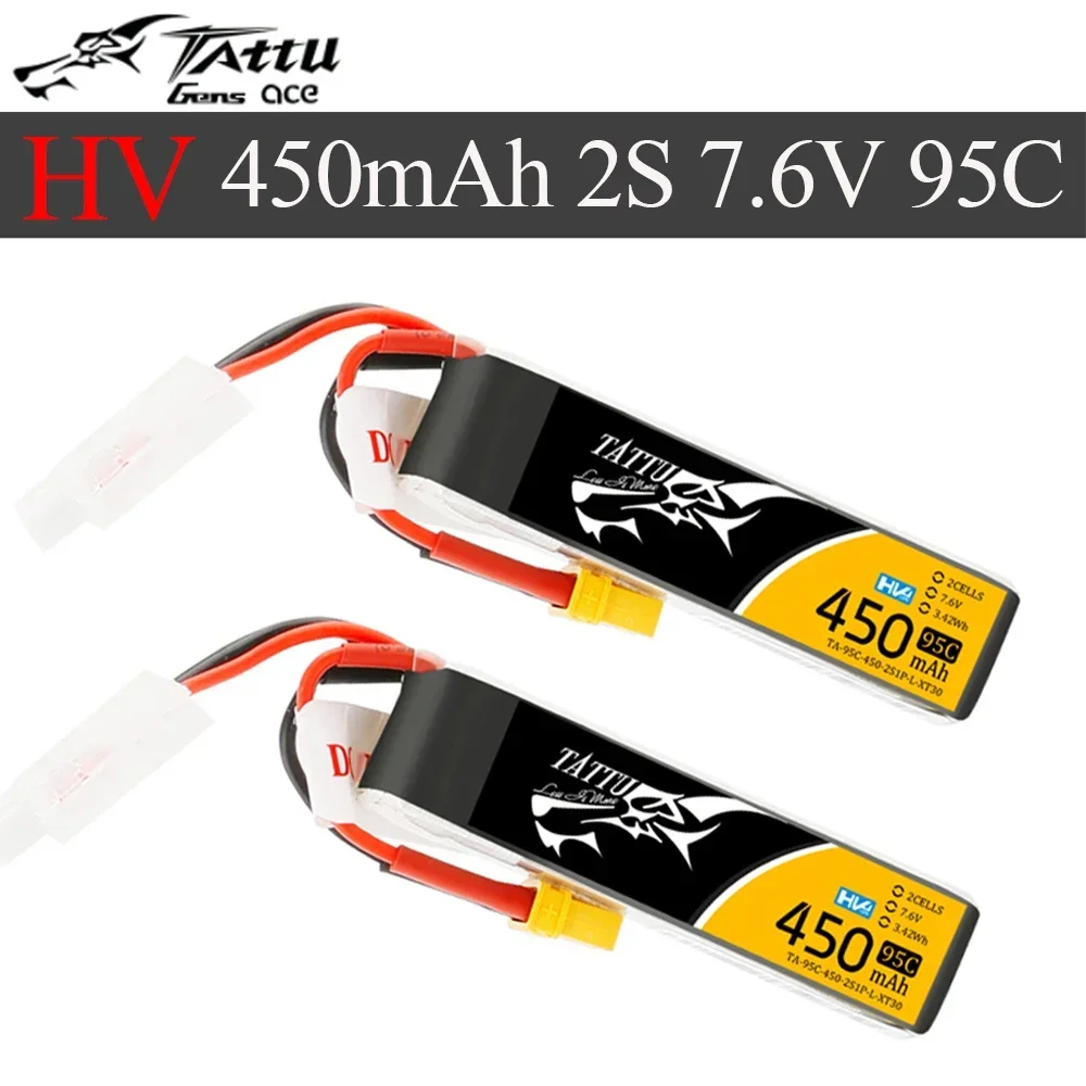 Tattu 450mAh  95C 2S 7.6V High Voltage 1P Lipo Battery Pack with XT30 Plug - Long Pack