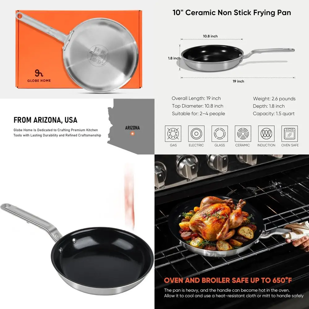

10 Nonstick Ceramic Fry Pan - 5-Ply Stainless Steel, Safe & Healthy, Oven-Safe Cookware for All Stoves up to 650°F
