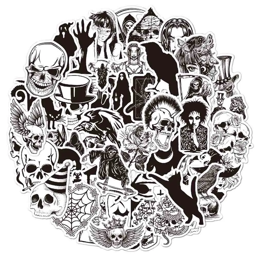 

10/30/50/100PCS Cartoon Punk Devil Horror Gothic Graffiti Stickers Black And White Gothic Decals Toys Halloween Decoration Decal