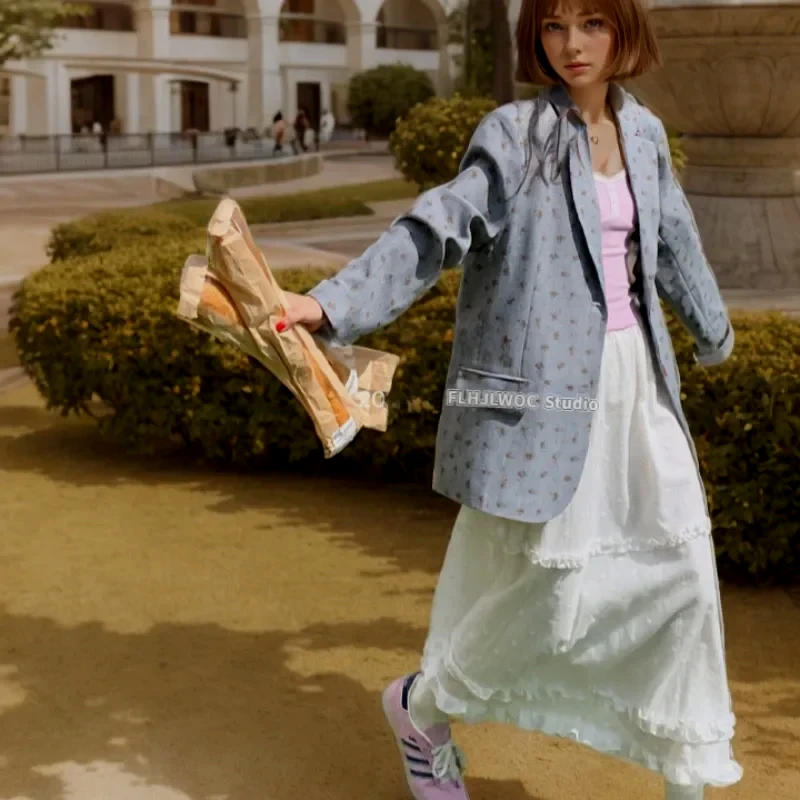 Cotton Blazers New 2024 Autumn Winter Women Loose Outerwear Casual Japan Girls Floral Print Retro Vintage Long Blazer Coats