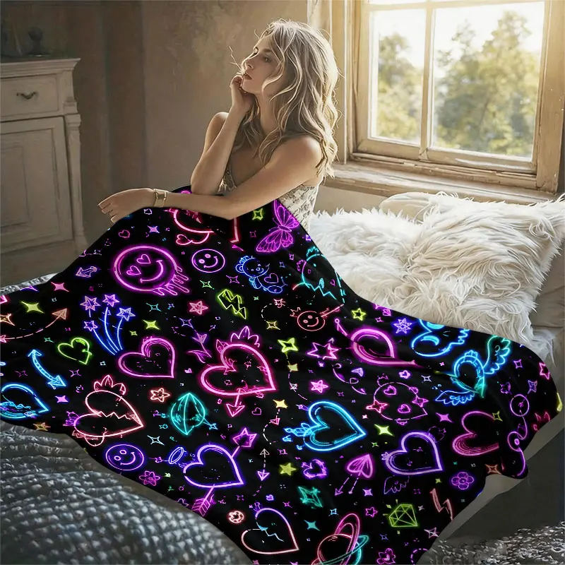 Neon Hearts Doodle Black Flannel Blanket Perfect for Sofa Office Bed Travel Sleep Read Relax Camping Four Season Use