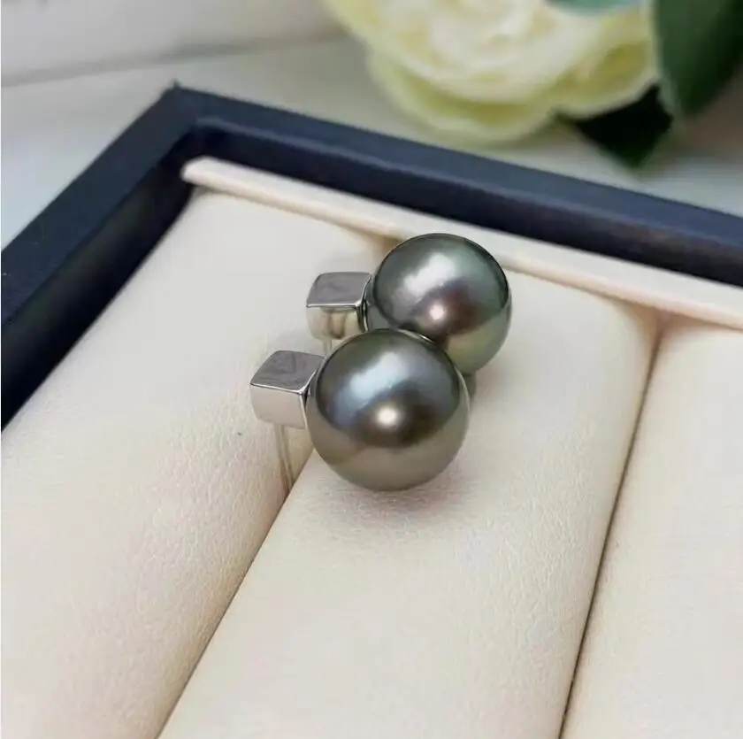 stunning pair of 10-11mm tahitian round black green pearl stud earring 925s