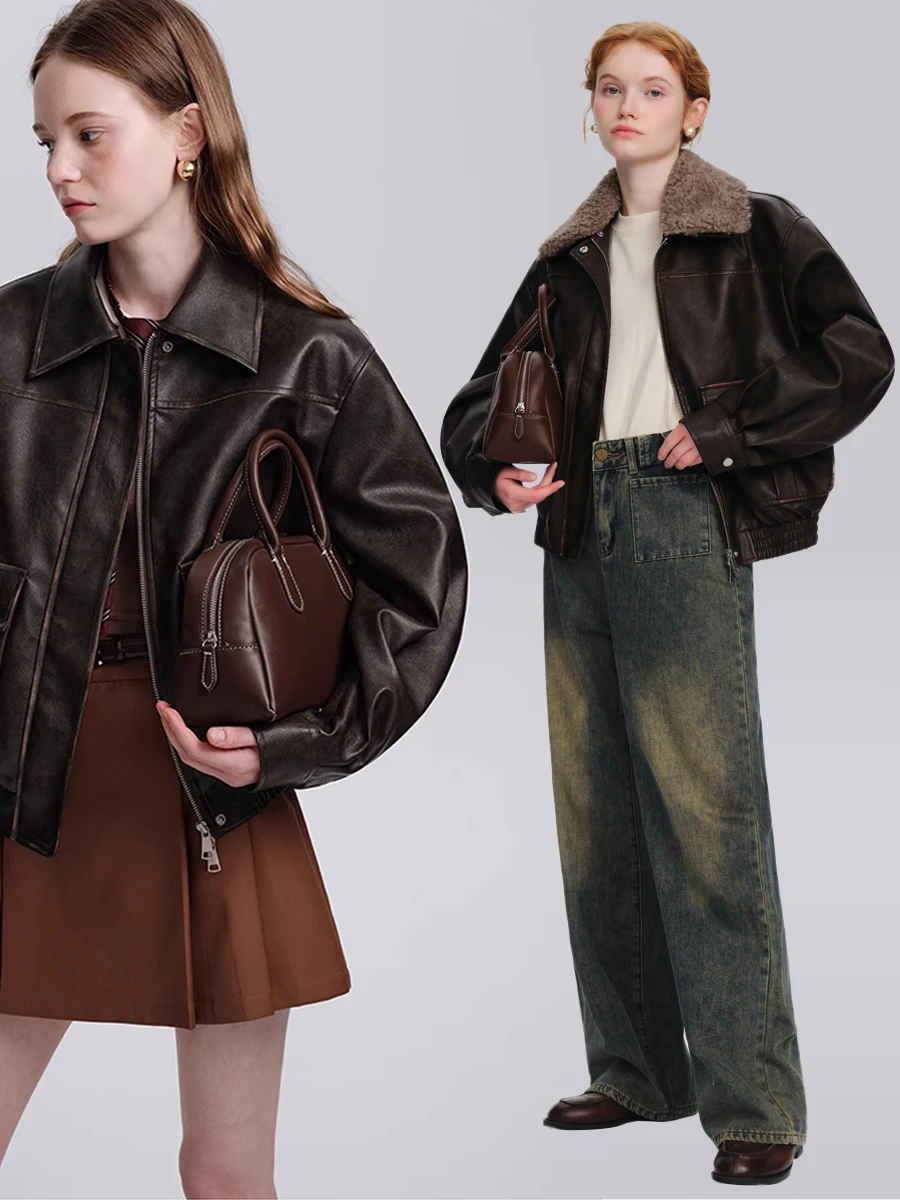 Retro Brown PU Leather Jaet Women's Motorcycle Jaet Small Size  plus Commute Sle Loose Fit Water Waed Leather