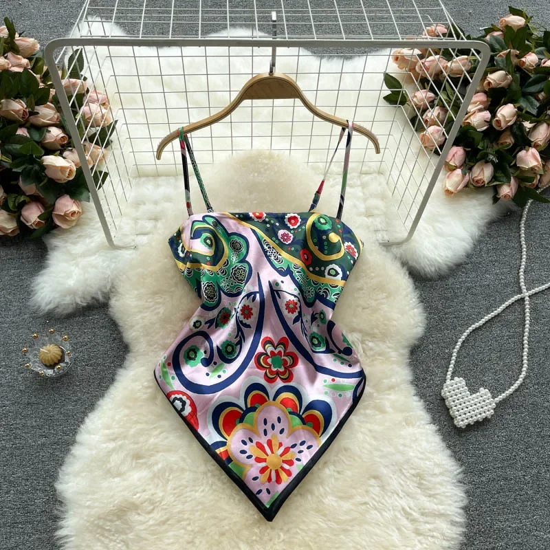 

Women Sexy Backless asymmetrical lace-up Camis Print Tank Top Chic One-piece Corset Bustier Summer Beach vacation Crop Top