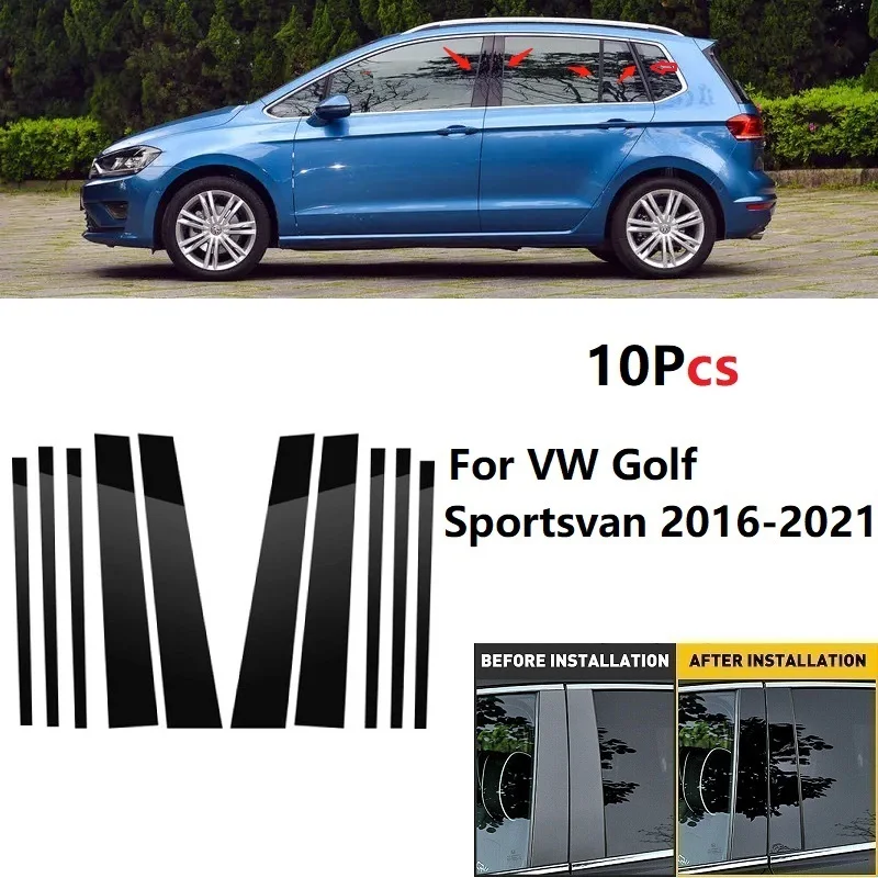 10PCS Bright Black/Carbon Fiber Car Door Pillar Posts Trim Cover BC Column Sticker For VW Golf Sportsvan 2016-2021