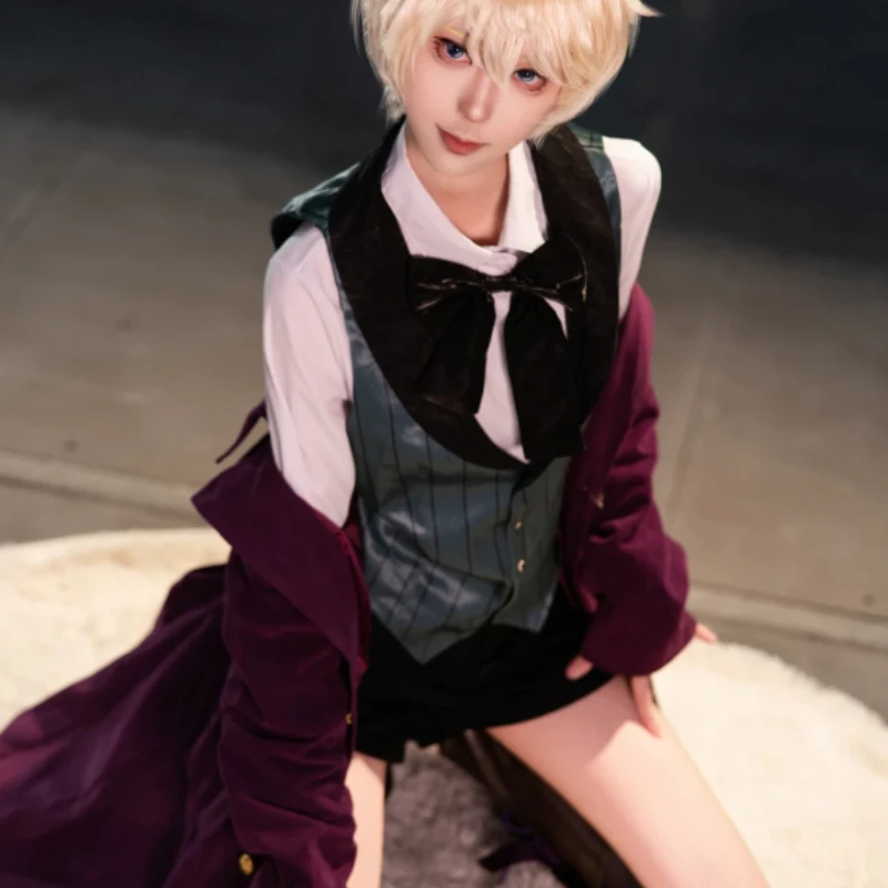 Black Butler II Alois Trancy Cosplay Costume Purple Long Coat Forest Green Vest Full Set with Stockings for Men Cosplay Party view 6