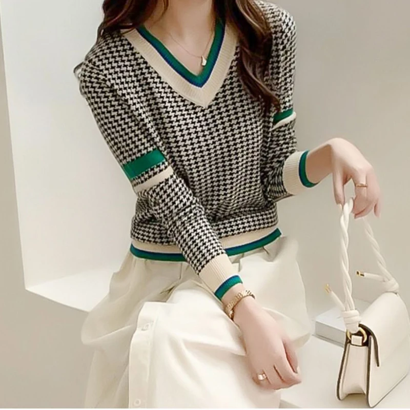 Autumn Winter V-neck Houndstooth Casual Fashion Sweater Ladies Simple All-match Knitting Jumper Top Women Loose Pullover Outwear