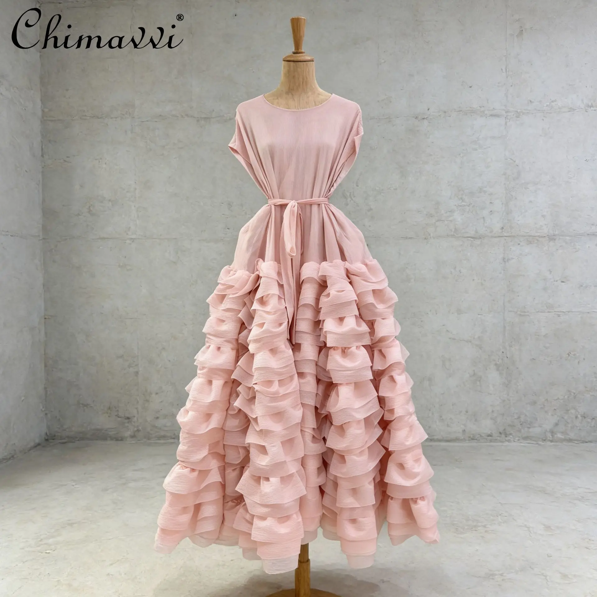 

French Elegant Temperament Socialite Round Neck Short Sleeve High Waist Lace-up 3D Ruffle Long Evening Dresses for Women 2026