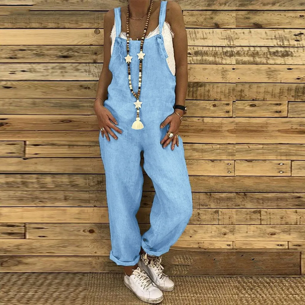 Woman Cotton Linen Suspender Pants Solid Color Loose Bib Straight Leg Jumpsuits Vintage Baggy Overalls Trousers Pockets Playsuit