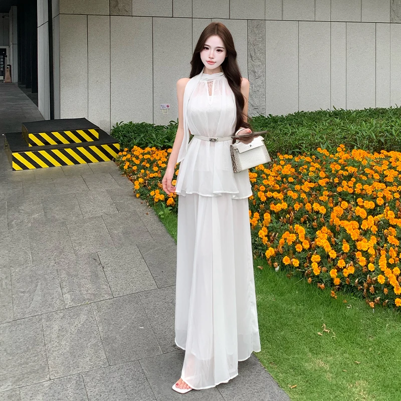 

Summer French Fashion Chic 2 Piece Set Women Sleeveless Lace Belted Top + Long Skirt Casual High Street Elegant Set Lightweight