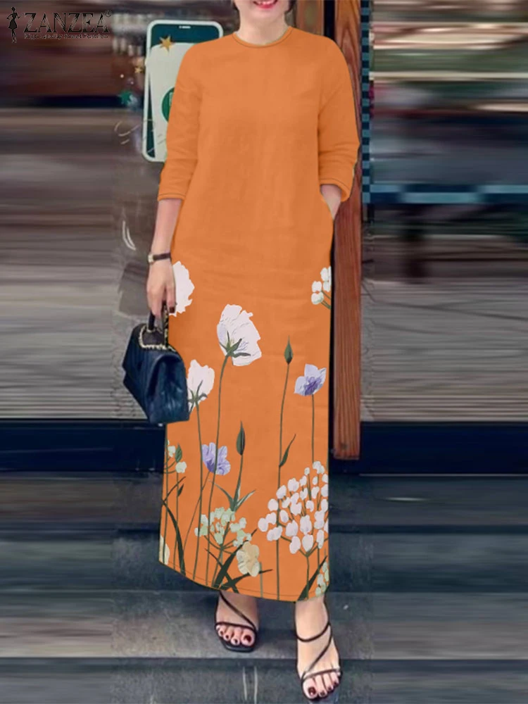 

ZANZEA Women Casual Floral Print Long Dress Autumn Loose Round Neck Vestidos 2024 3/4 Sleeve Dress Elegant Pockets Straight Robe