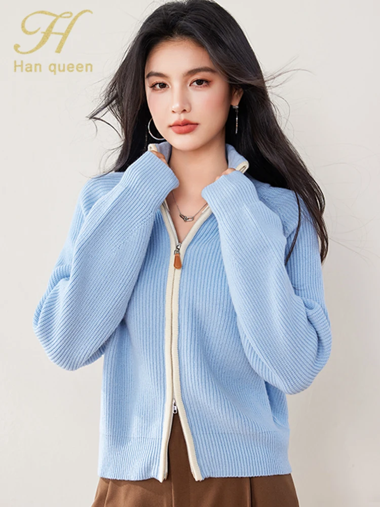 

H Han Queen Autumn Winner Cardigan Sweaters Loose Soft Zipper Outerwears Women Colorblocking Knitwear Vintage Casual Sweater