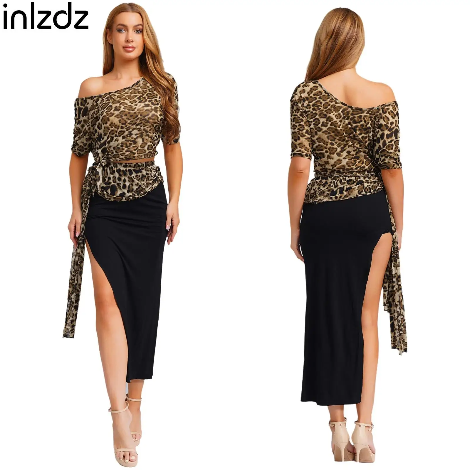 

2025 Womens Belly Dance Outfits Crop Tops High Slit Skirt with Hip Scarf And Safety Shorts 3-piece Leopard Print Stage Costumes