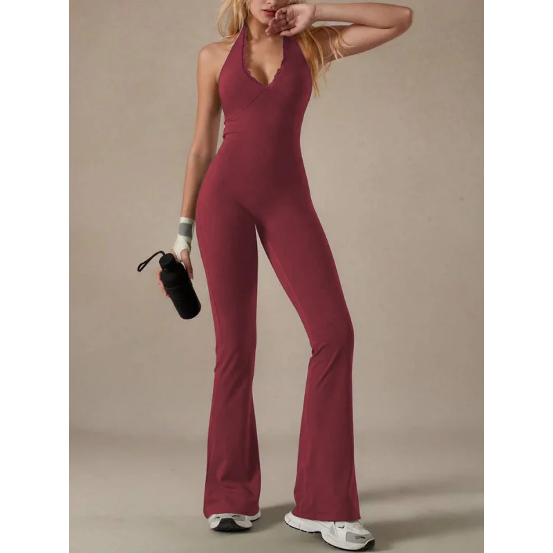 가슴 패드가 있는 여성용 레이스 넥라인 요가복, 홀터넥 점프수트, 필라테스 바디수트