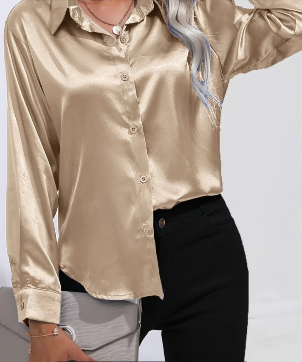 

Plus Size Casual Women Silk Shirts 2025 New Fashion Loose Long Sleeve Elegant Acetate Tops Button-Down Blouse Female Office Wear