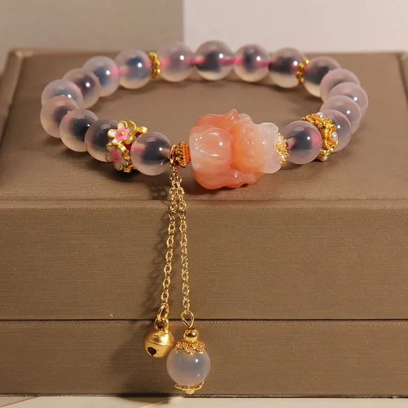 Fashion Natural Sugar Heart Pink Agate Crystal Bracelet Women\'s Peach Blossom Fox Strand Bracelets Wedding Birthday Jewelry Gift