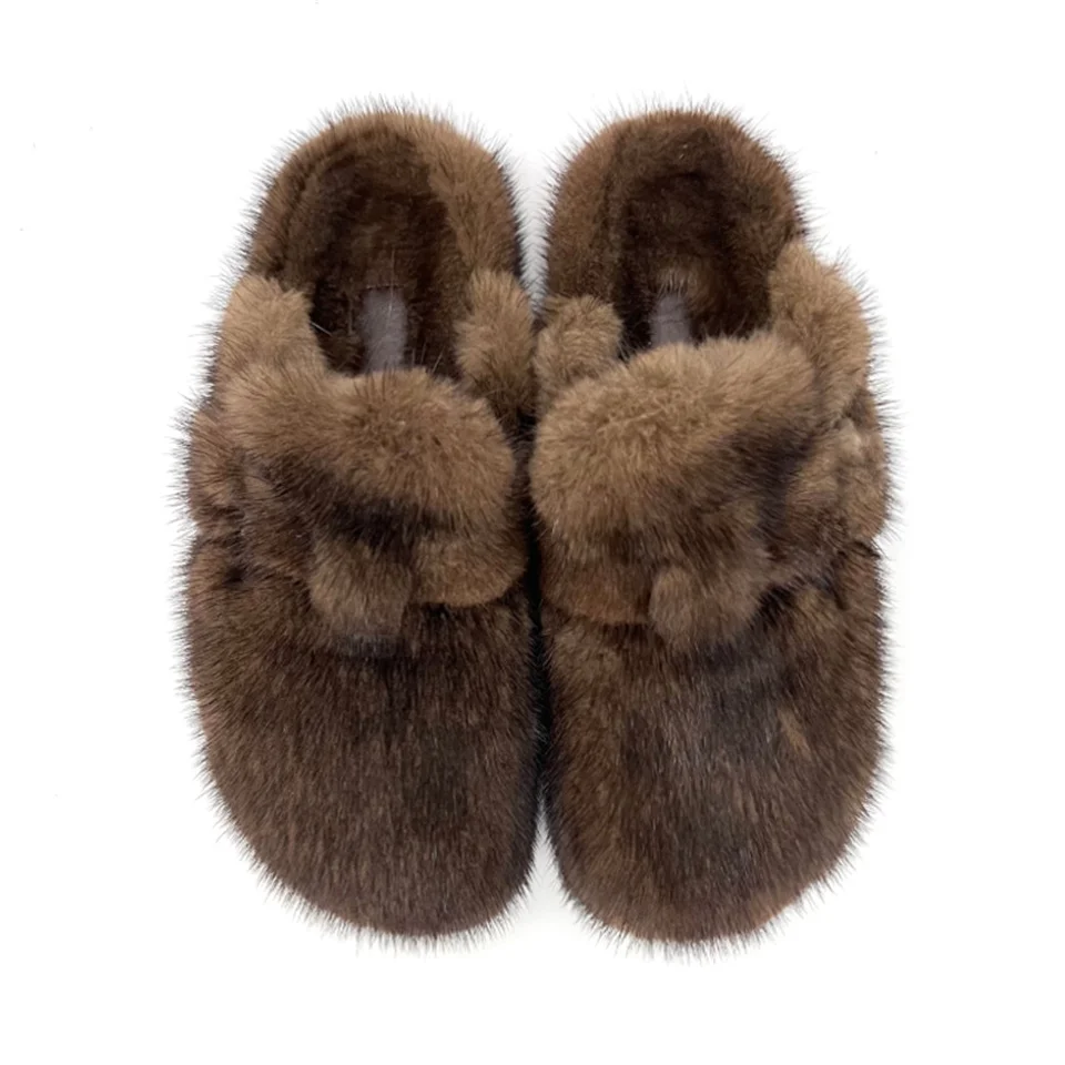 Fashion Fur Slippers Women Autumn Winter Vintage Close Toe Mules Shoes Woman Soft Sole Cork Slides Flat Outdoor Mink Slippers