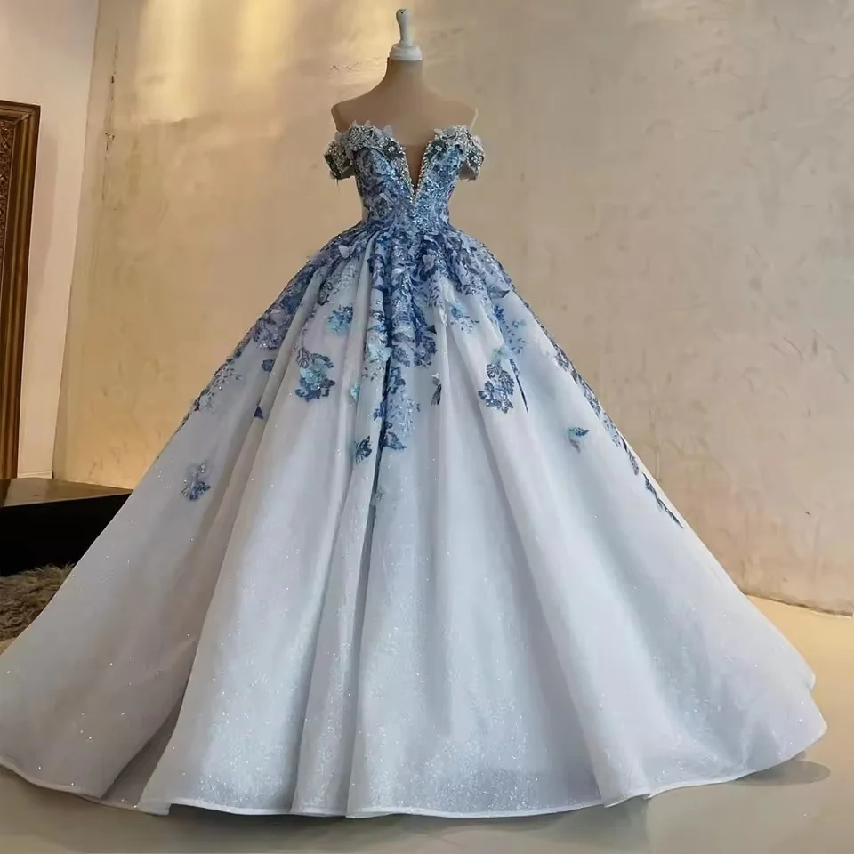 

Elegant Blue Lace Dresses For Girl Off The Shoulder Appliques Rhinestones Vestidos Para Quinceanera Customized