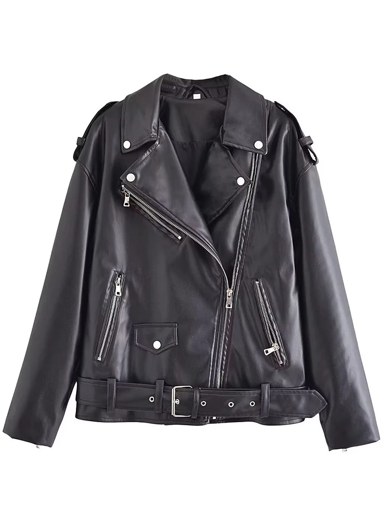 Fitaylor New Spring Autumn Women Streetwear Faux Leather Jacket with Belt Female Fashion Lapel Zipper Moto Biker Pu Coat Outwear