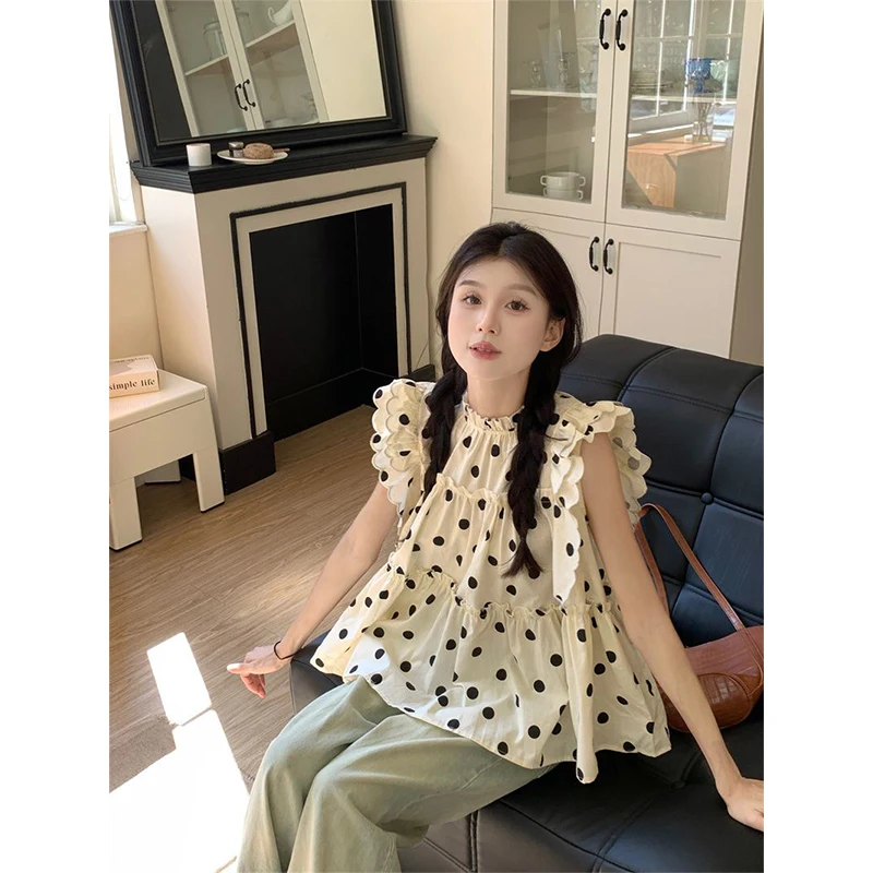 Sweet Cute Polka Dots Shirts Women Korean Ruffles Flying Sleeve Blouses Streetwear Fashion Print Stand Casual Tops Summer New