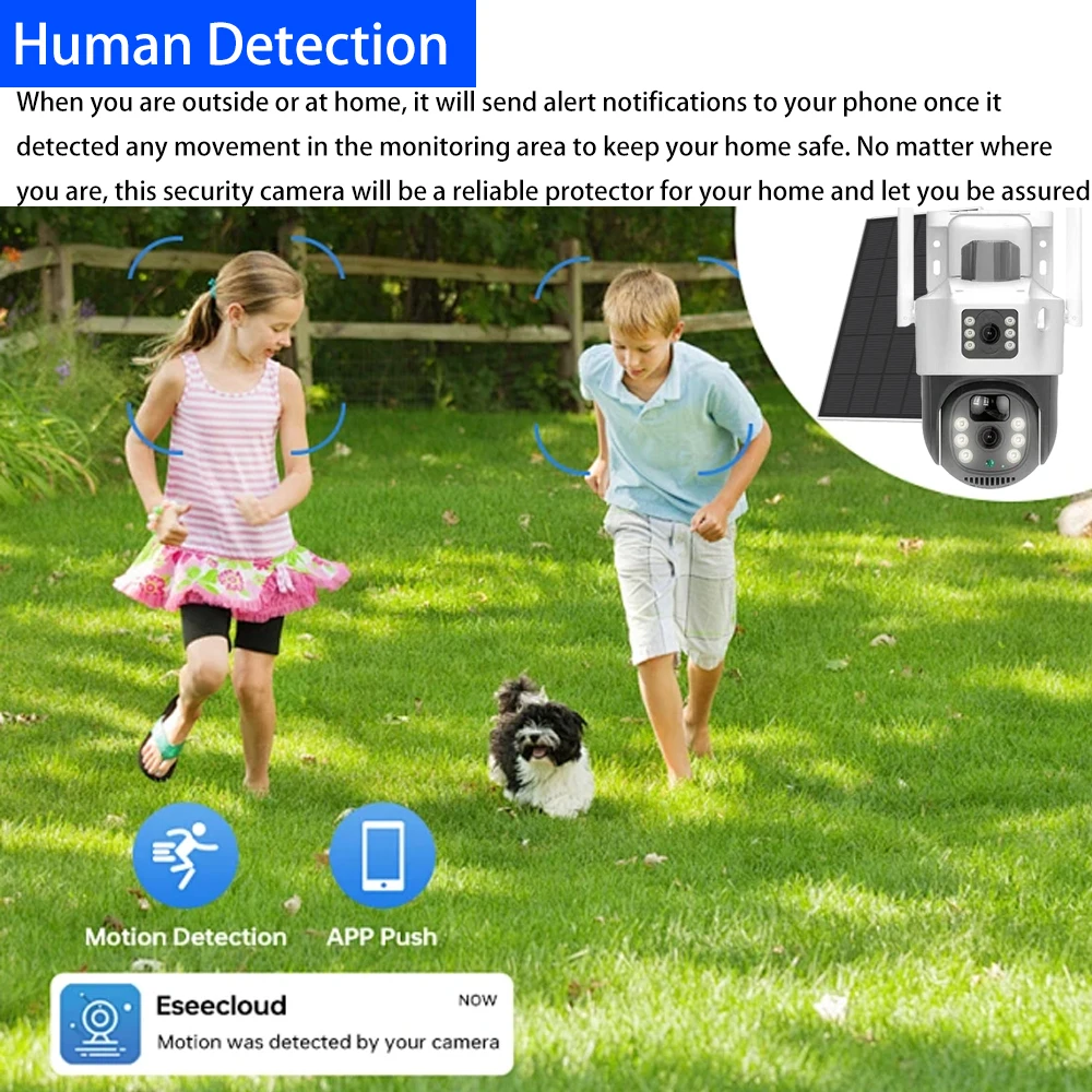 Solar 4K 8MP Camera WIFI Battery Dual Lens Dual Screen PTZ Monitor PIR Detect Security CCTV Waterproof IP Surveillance EseeCloud