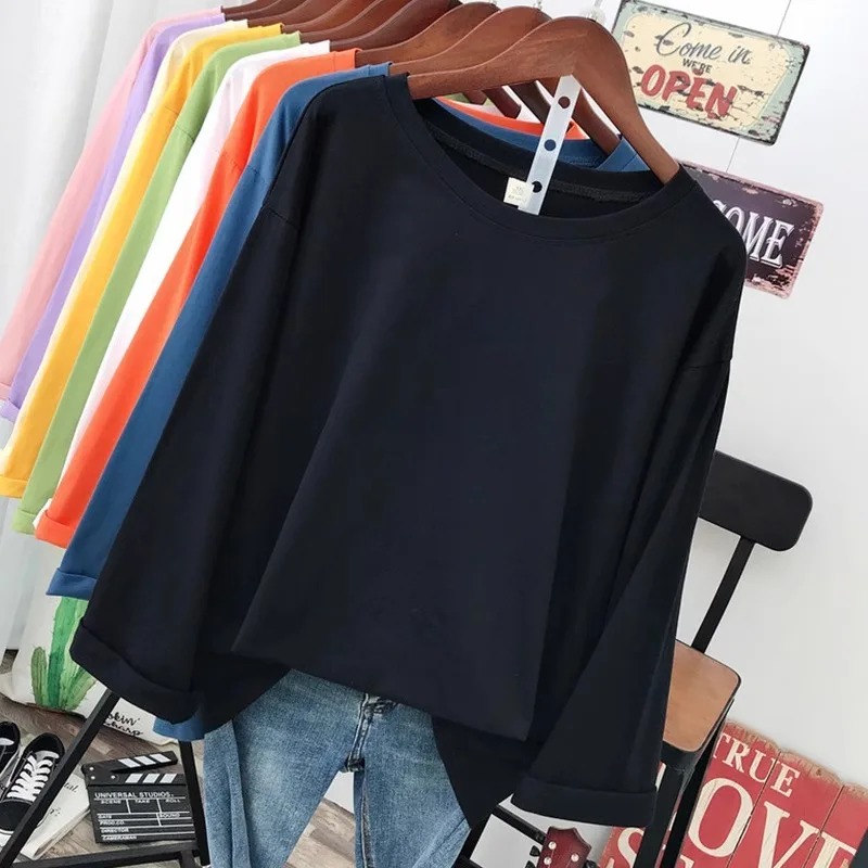 DAYIFUN Plus Size L-5XL T-Shirts Solid O Neck Tshirts Long Sleeve Women Top Tees Basic Spring Autumn Couple 100% Cotton T Shirts