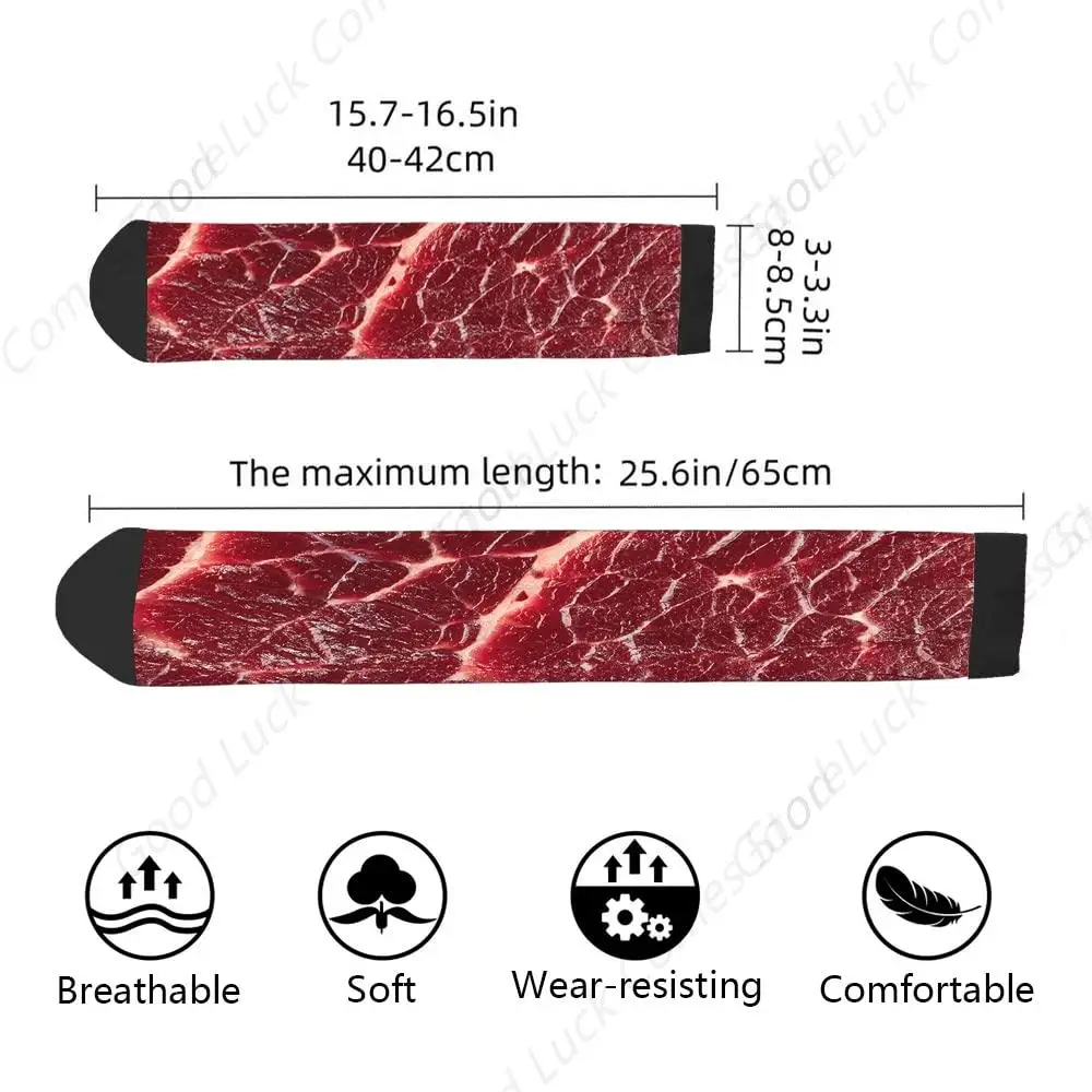 Beef Steak Texture Funny Socks Red Raw Meat Food Meal Novelty Casual Crew Socks Contrast Color Design for Women Men Gift