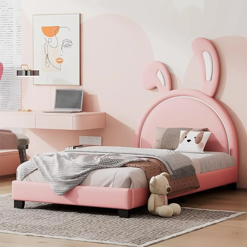 

Children's Bed Bases,Upholstered Leather Platform Bed with Bunny Ears Headboard, Platform Children's Bed Bases