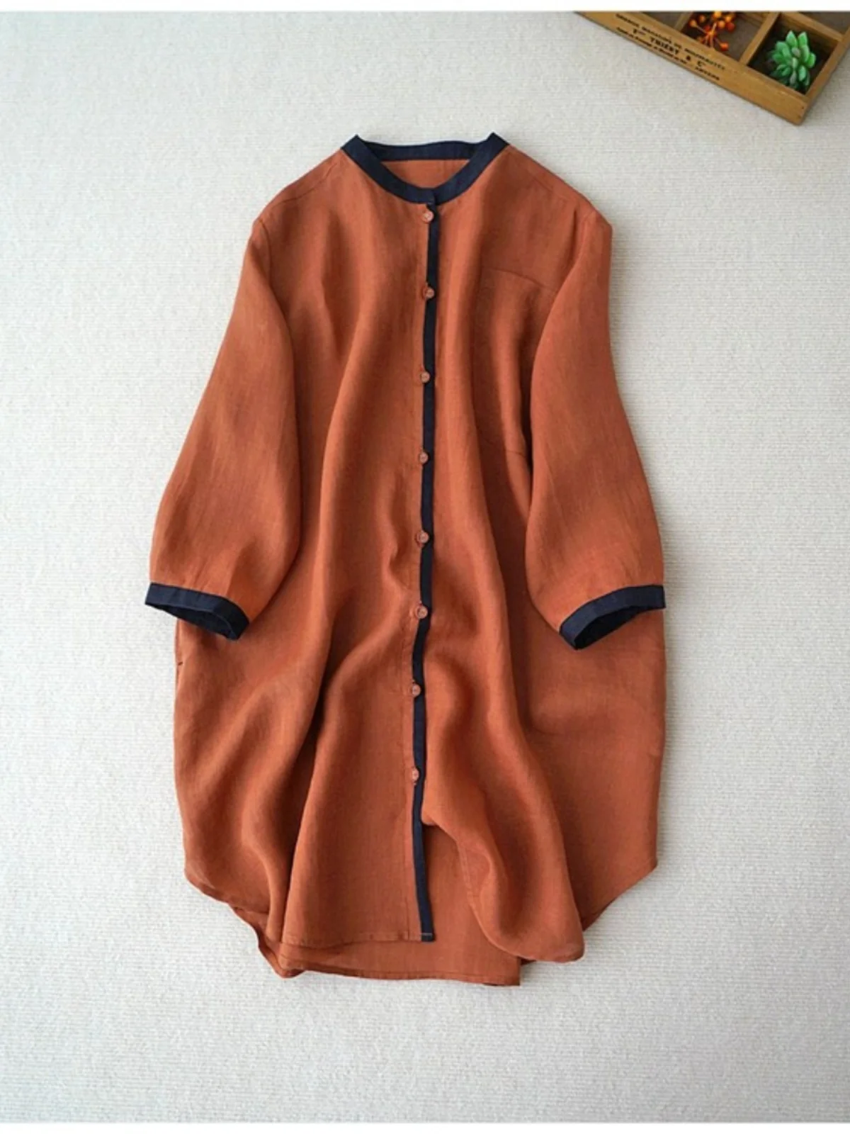 カジュアルなミドル丈のオープンカーディガン、七分袖スタンドカラー、カラーブロ、レディースプラスサイズ、Aライン、ヴィンテージ、通勤、風防