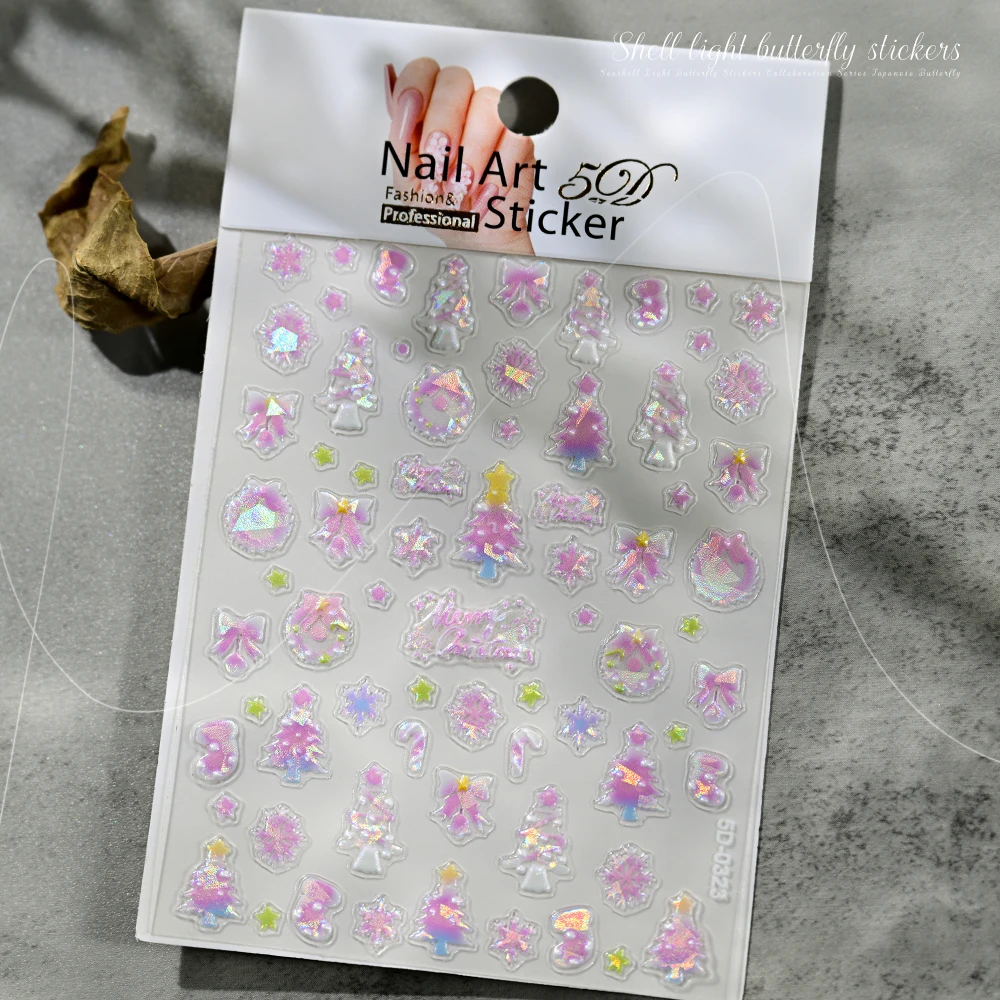 1pcs 5D Sweet Pink Christmas Tree Nail Art Stickers Shiny Shell Cute Snowflake Bowknot Fairy Nail Stickers Relief Manicure Decal