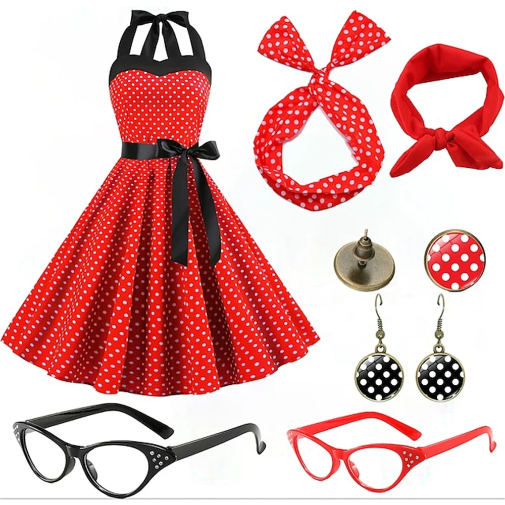 

Women Fashion Hepburn Style Swing Flare Dress with Jewelry Set Earrings Headband Glasses Gloves Halloween Party Dresses