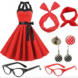 Women's Rockabilly Dress Polka Dots Swing Flare Dress with Accessories Set Earrings Necklace Headband Glasses Dress