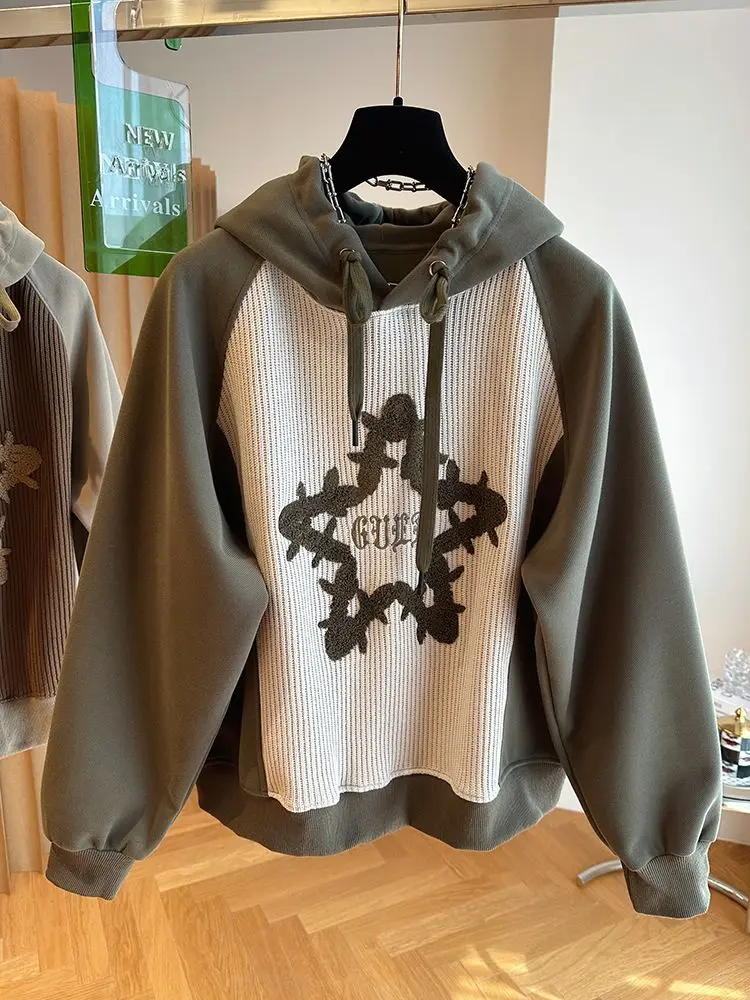 

Hikigawa Chic Fashion Women Vintage Casual Flocking Embroidery Stars Hoodies Coats Autumn Loose All Match Pullover Tops Mujer